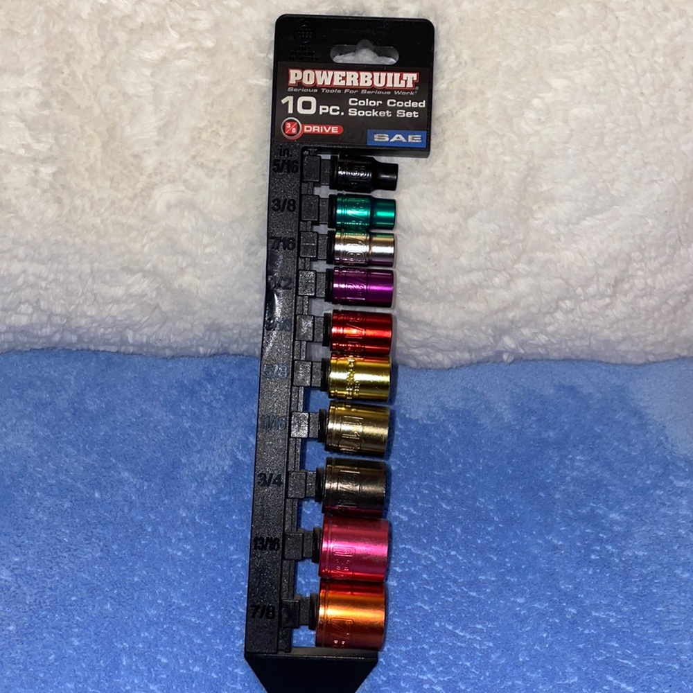 Powerbuilt 10 piece color-coded socket set.